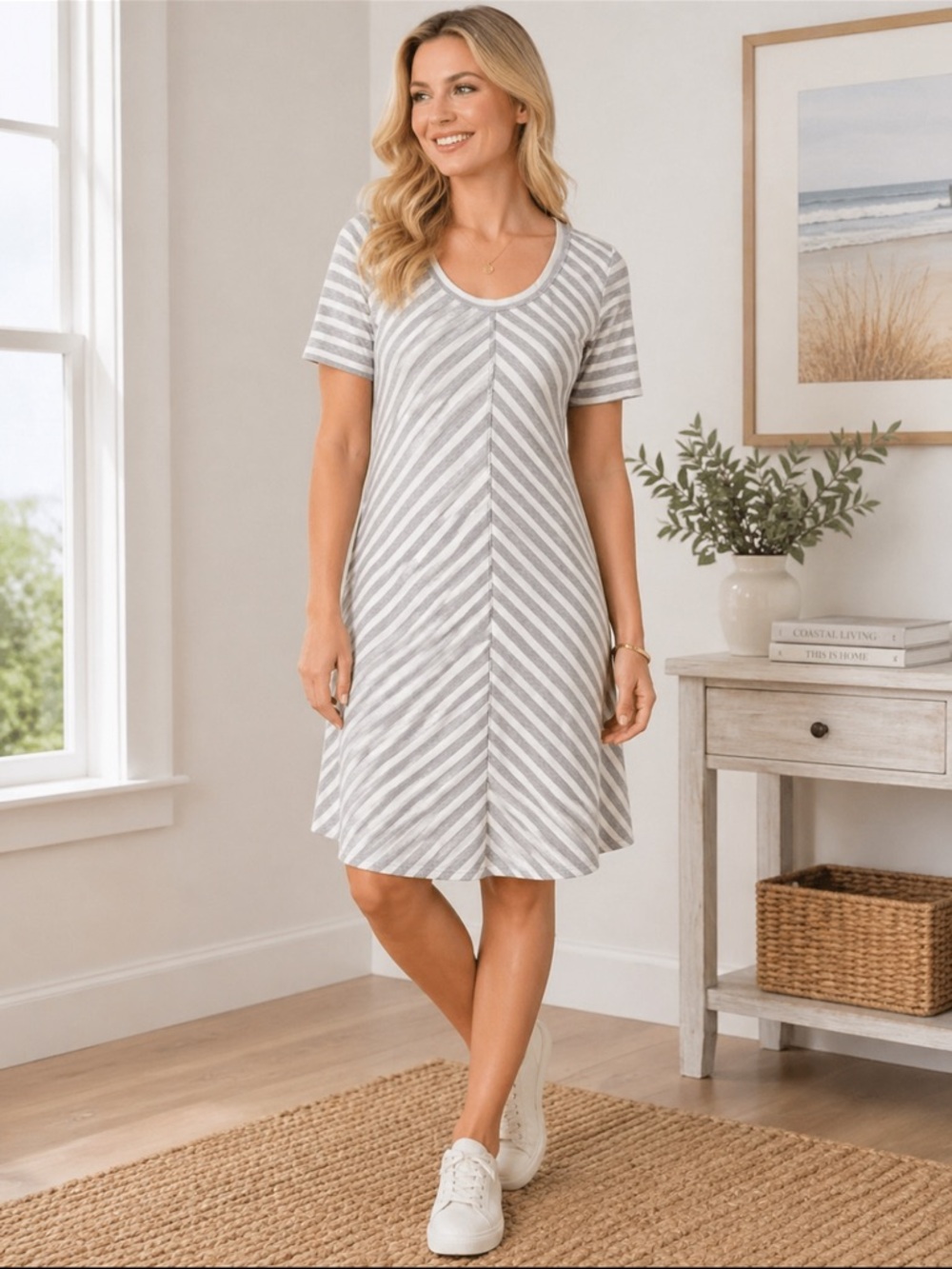 Talbots Womens S Gray White Stripe French Terry A-Line Shift Dress vacation